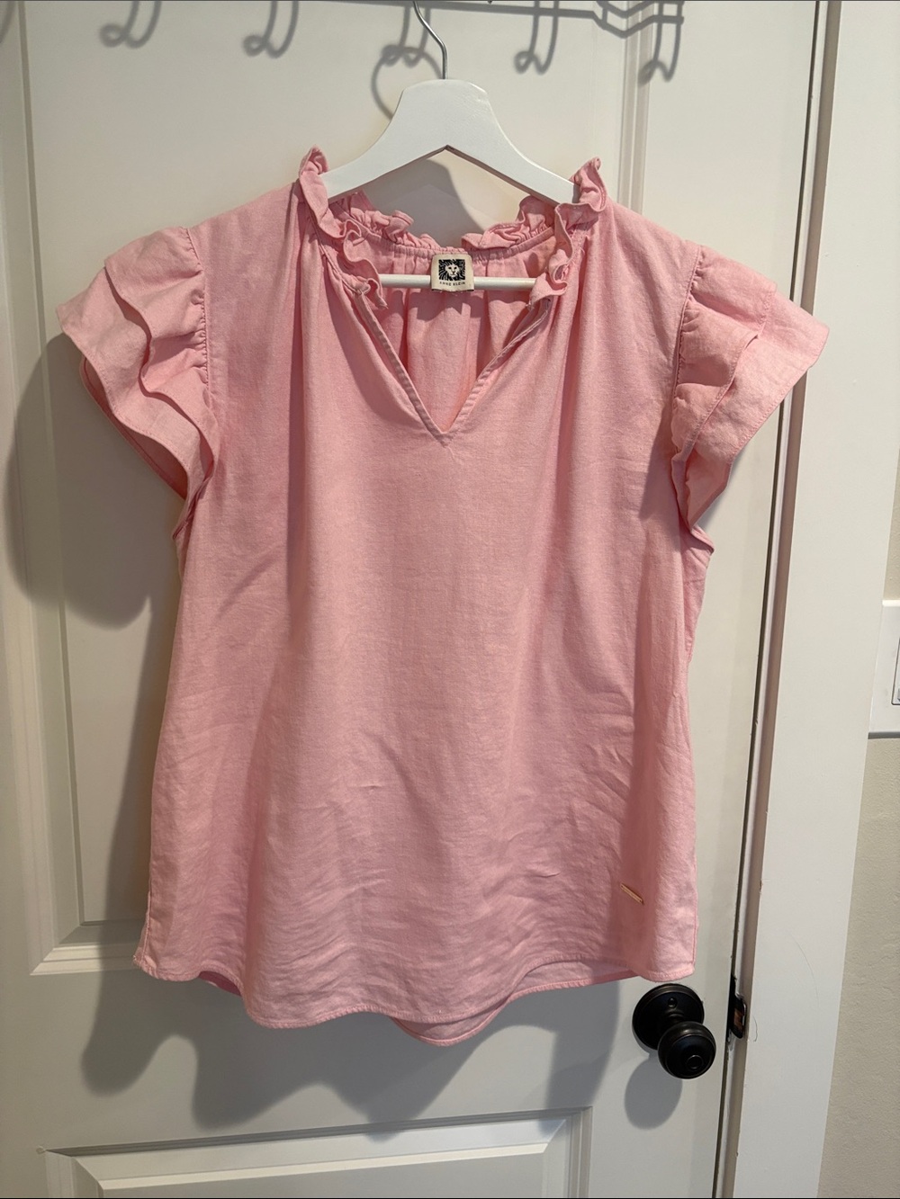 Anne Klein women’s pink ruffle sleeve linen blouse - size L